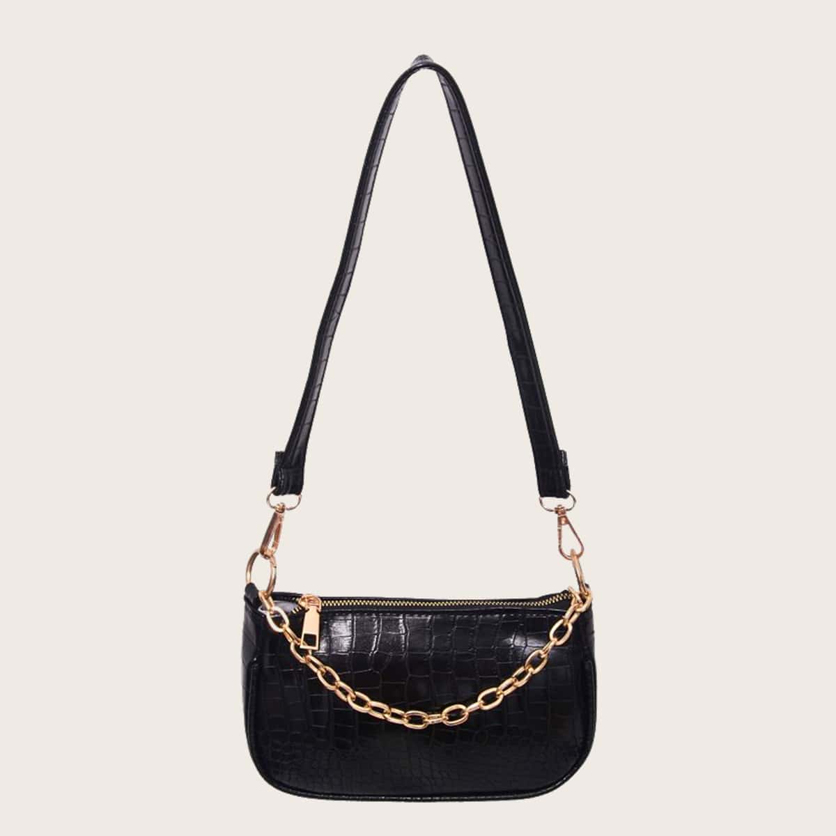 

Croc Embossed Chain Baguette Bag, Black