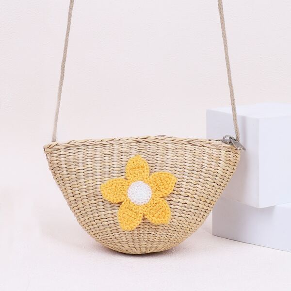 

Girls Floral Decor Straw Bag, Khaki