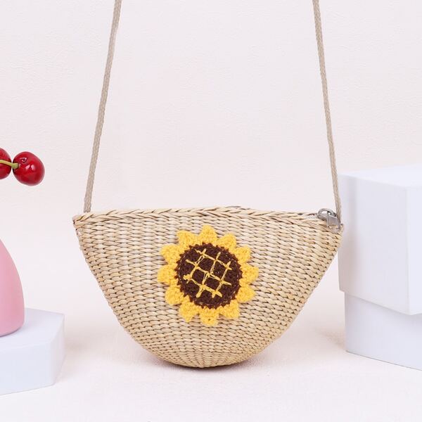

Girls Sunflower Decor Straw Bag, Khaki