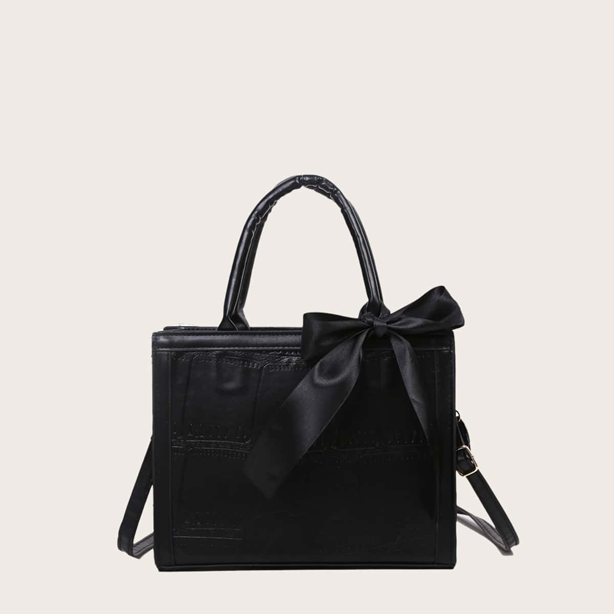 

Bow Knot Croc Embossed Satchel Bag, Black