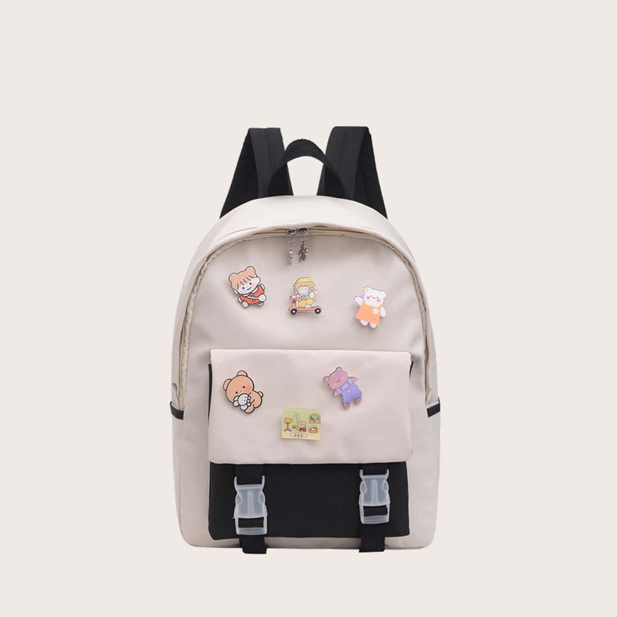 

Colorblock Cartoon Zip Backpack, Beige
