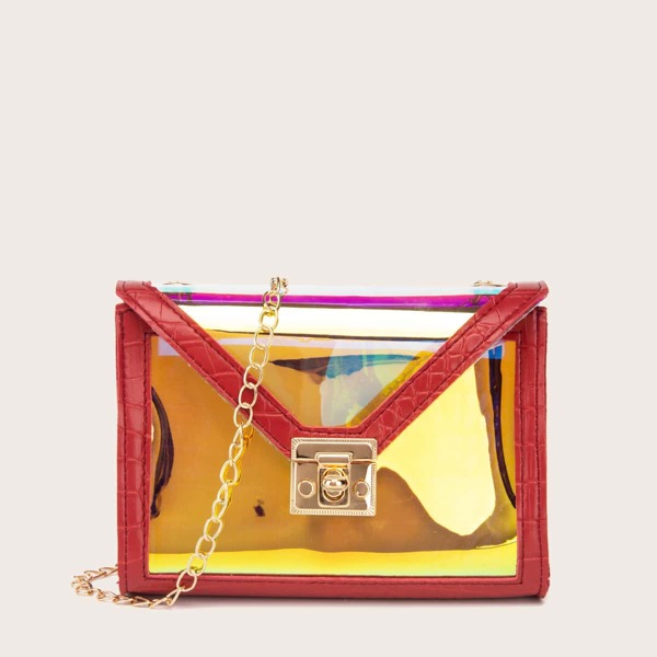 

Holographic Twist Lock Flap Chain Bag, Red
