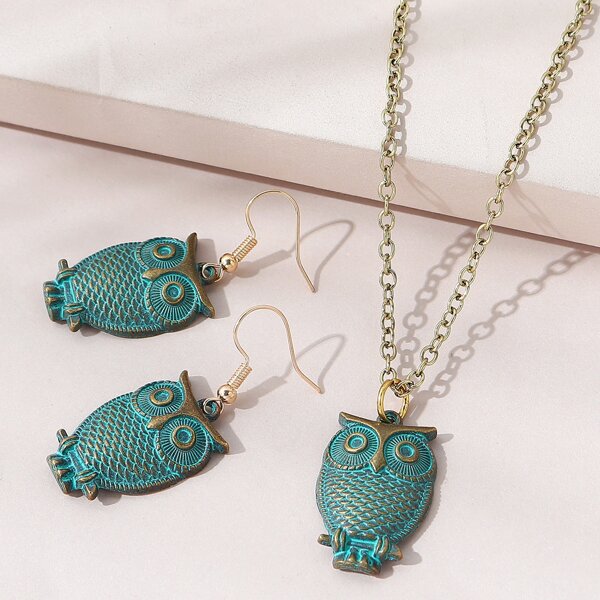 

3pairs Owl Decor Jewelry Set, Ancient bronze