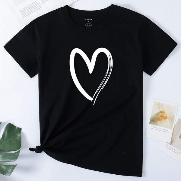 

Heart Print Short Sleeve Tee, Black
