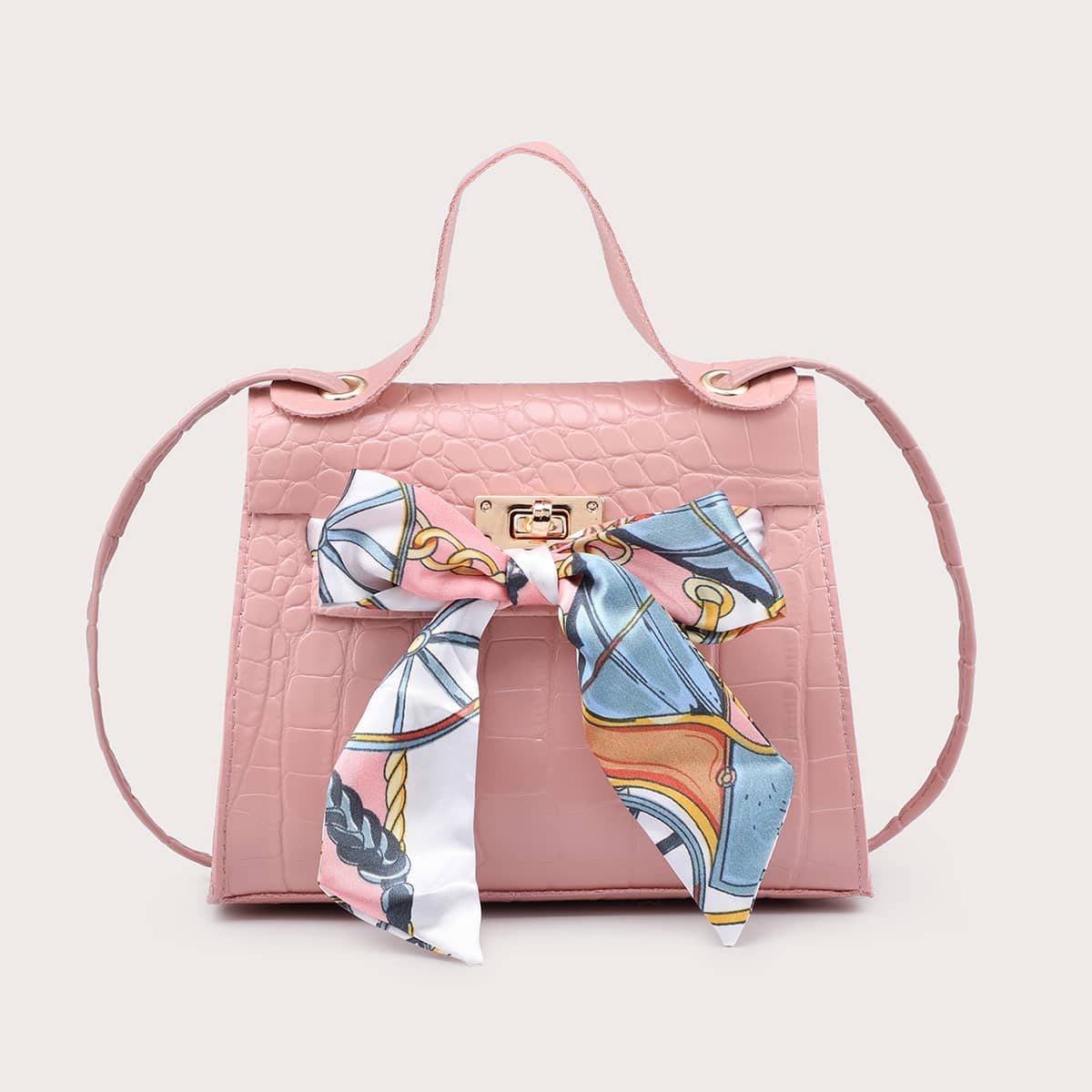 

Bow Knot Croc Embossed Satchel Bag, Baby pink