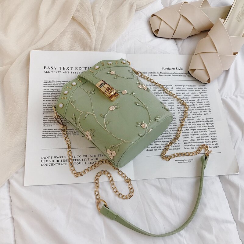 

Floral Embroidery Chain Bucket Bag, Pastel mint green