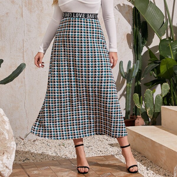 

Plus Letter Tape Waist Houndstooth Skirt, Multicolor