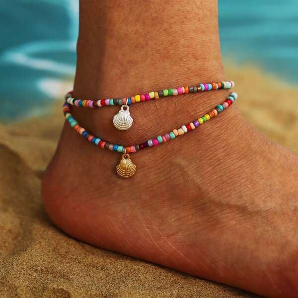 

2pcs Beaded Anklet, Multicolor