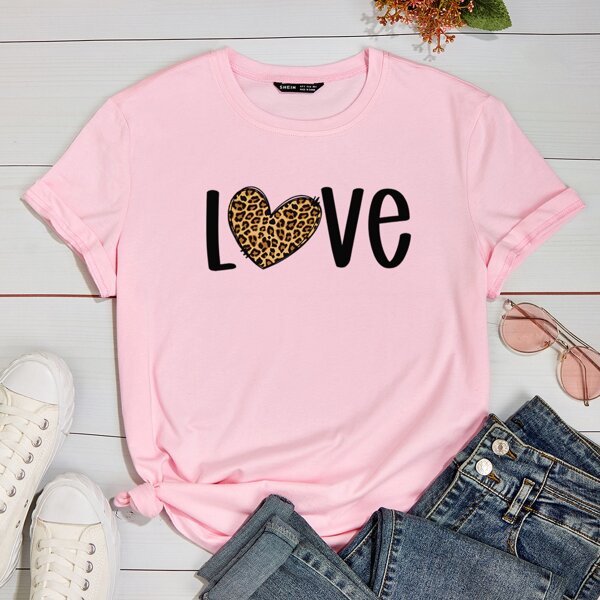 

Letter & Heart Print Short Sleeve Tee, Baby pink