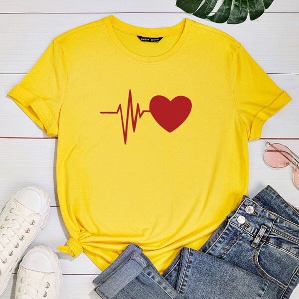 

Heart Print Crew Neck Tee, Yellow