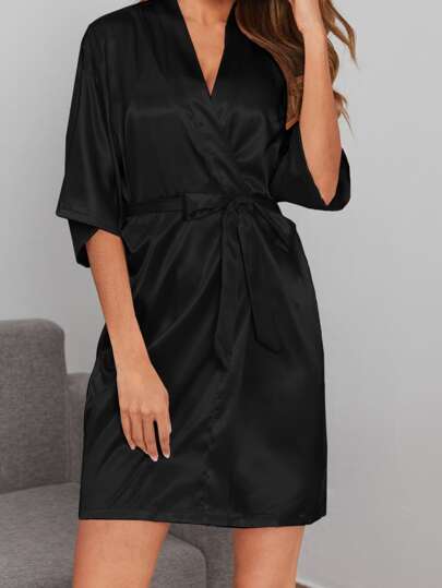 1pc Solid Satin Belted Robe Luxeloungewear, Fall, Winter