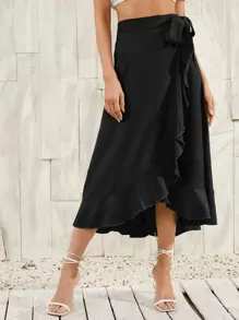 SHEIN Unity Ruffle Hem Wrap Knot Skirt - Black - View 1
