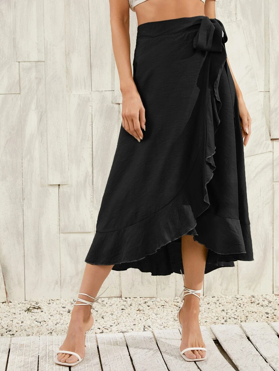 SHEIN Unity Ruffle Hem Wrap Knot Skirt - Black - View 1