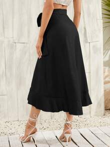 SHEIN Unity Ruffle Hem Wrap Knot Skirt - Black - View 2