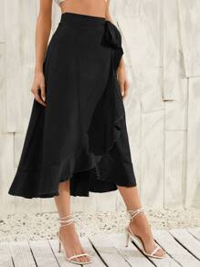SHEIN Unity Ruffle Hem Wrap Knot Skirt - Black - View 3