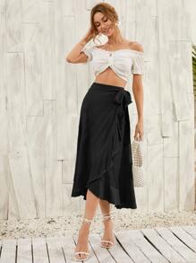 SHEIN Unity Ruffle Hem Wrap Knot Skirt - Black - View 4