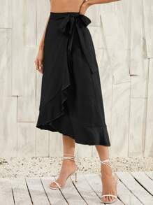 SHEIN Unity Ruffle Hem Wrap Knot Skirt - Black - View 5