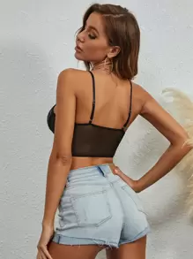 Sheer Lace Cami Crop Top - Black - View 2