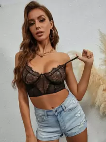 Sheer Lace Cami Crop Top - Black - View 7