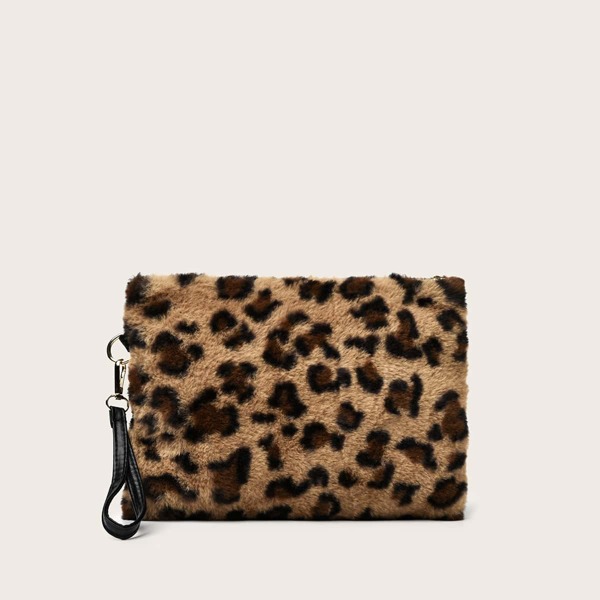 

Leopard Print Fuzzy Clutch Bag, Brown
