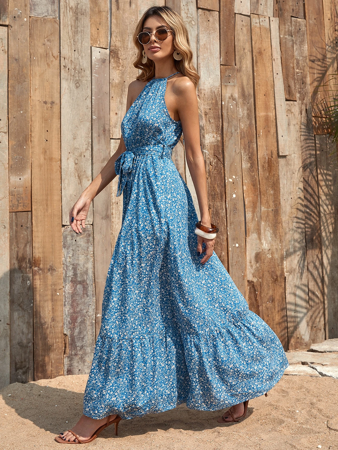 Aeropostale Womens Belted Velvet Halter Tiered Dress