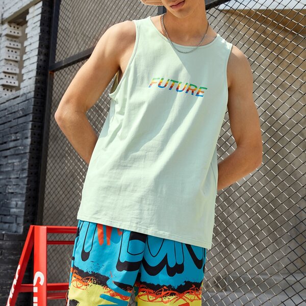

Men Colorful Letter Graphic Tank Top, Mint green