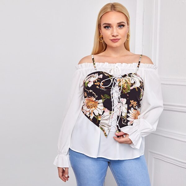 

Plus Floral Lace Up Cami Top With Ruffle Blouse, Multicolor