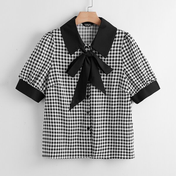 

Plus Tie Neck Gingham Blouse, Black and white