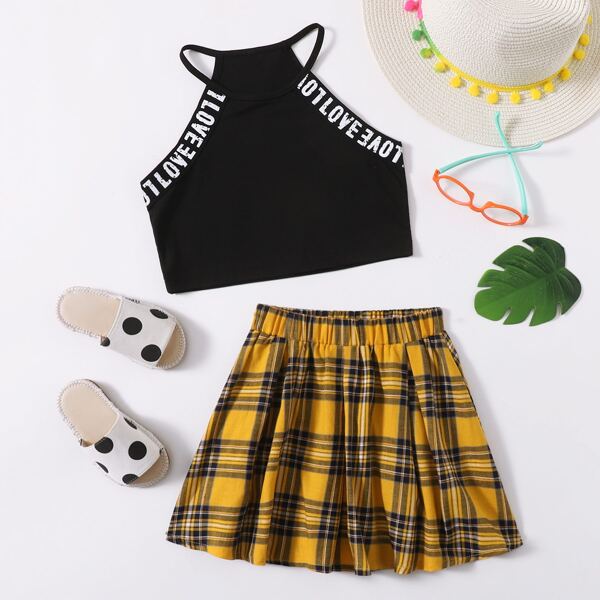 

Toddler Girls Letter Tape Halter Top With Tartan Plaid Skirt, Multicolor