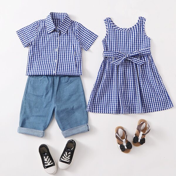 

Toddler Girls 1pc Gingham Belted Dress, Blue and white