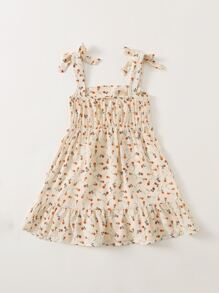 SHEIN Toddler Girls 1pc Ditsy Floral Ruffle Hem Bow Cami Dress - Apricot - View 3