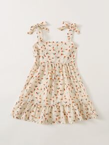 SHEIN Toddler Girls 1pc Ditsy Floral Ruffle Hem Bow Cami Dress - Apricot - View 1