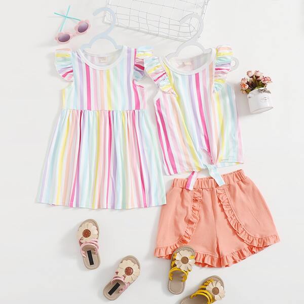 

Toddler Girls Striped Ruffle Knot Hem Tank Top With Shorts, Multicolor