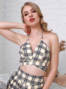 LOVE&LEMONADE Plaid Tie Back Shirred Halter