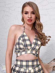 LOVE&LEMONADE Plaid Tie Back Shirred Halter