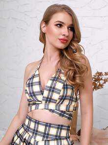 LOVE&LEMONADE Plaid Tie Back Shirred Halter