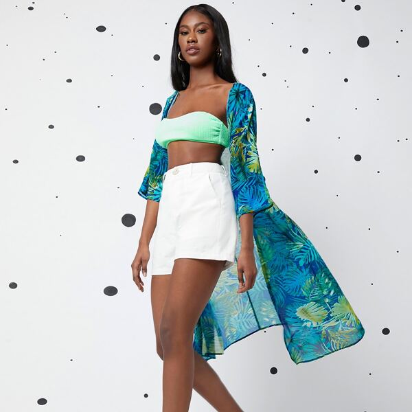 

Tropical Print Chiffon Kimono, Multicolor