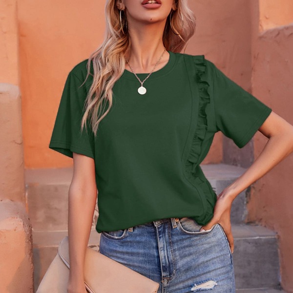 

Ruffle Trim Solid Tee, Dark green