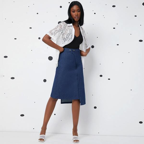 

Buttoned Detail Asymmetrical Hem Denim Skirt, Dark wash