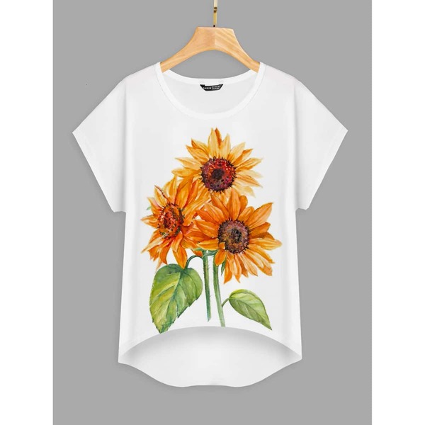 

Sunflower Print High Low Hem Tee, White