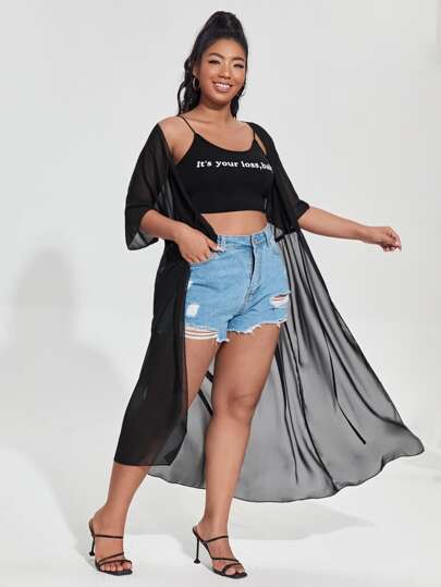 Plus Sheer Open Front Kimono