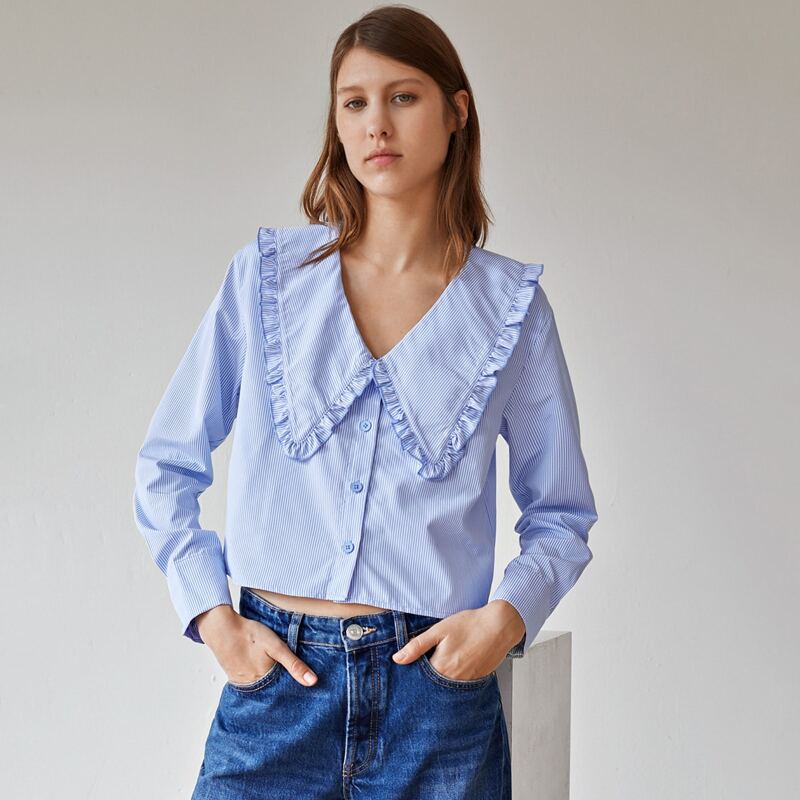 

Frilled Statement Collar Striped Blouse, Blue and white
