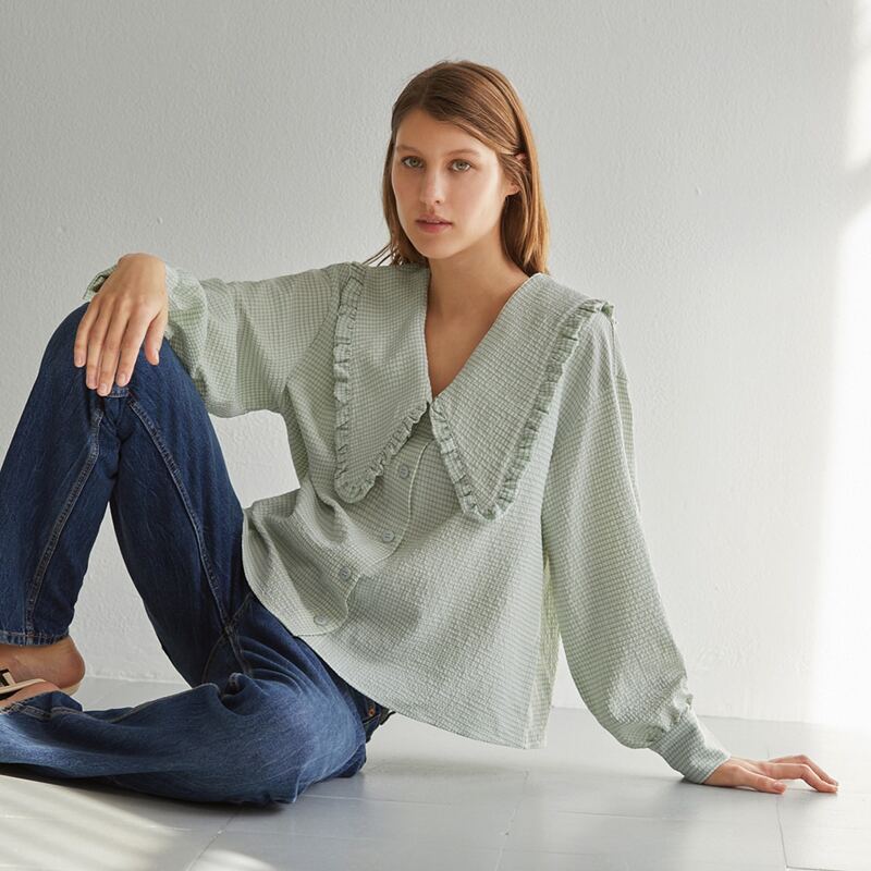 

Frilled Statement Collar Gingham Blouse, Mint green