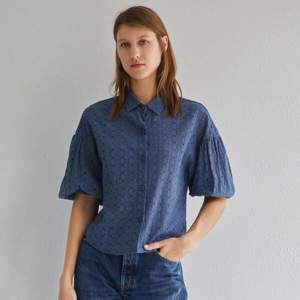 

Collared Lantern Sleeve Schiffy Blouse, Blue
