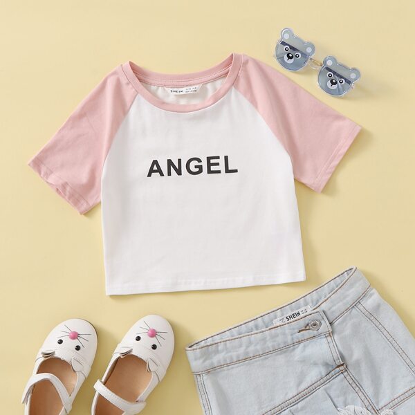 

Girls Letter Graphic Colorblock Raglan Sleeve Tee, White
