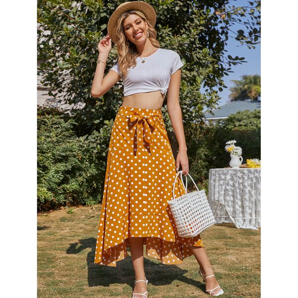 

Polka Dot Tie Front High Low Hem Skirt, Yellow