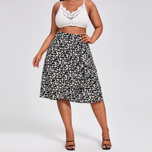 

Plus Ditsy Floral Ruffle Hem Skirt, Multicolor