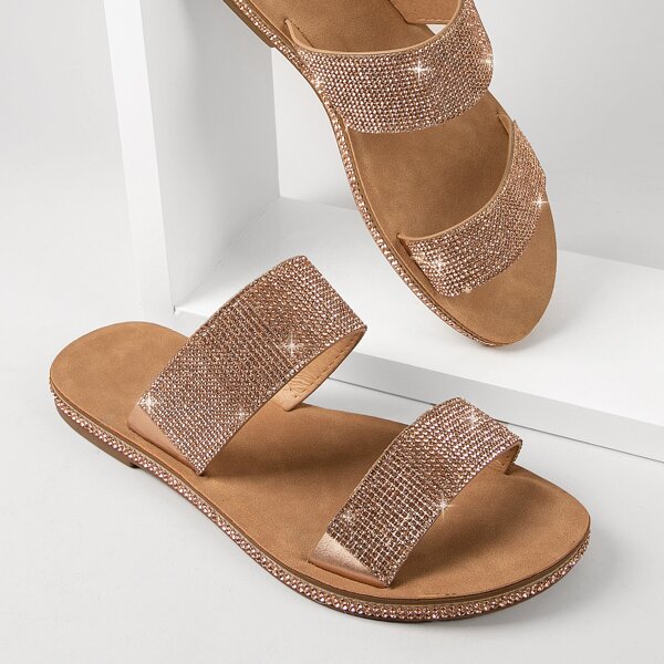 

Rhinestone Dual Strap Slip-On Sandals, Rose gold