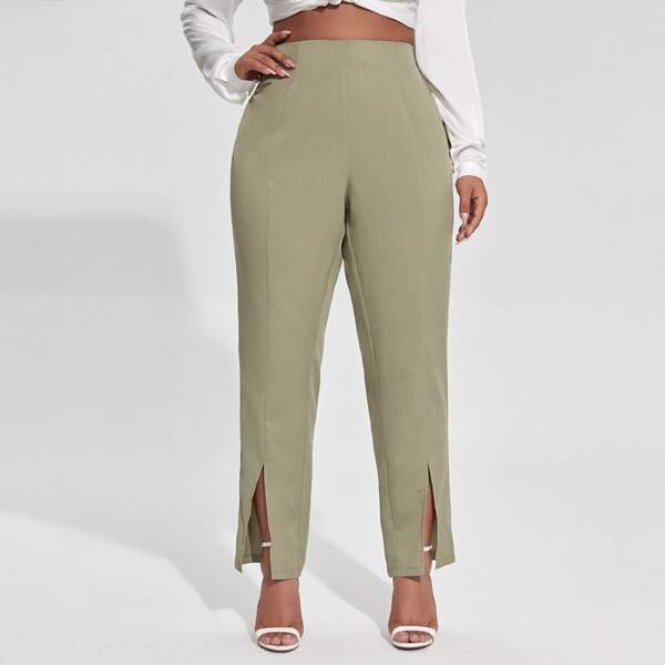 

Plus Split Hem Solid Pants, Army green