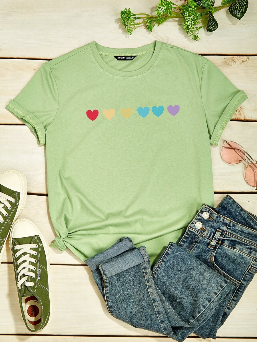 Camiseta con estampado de corazón de colores - Verde - Ver 1